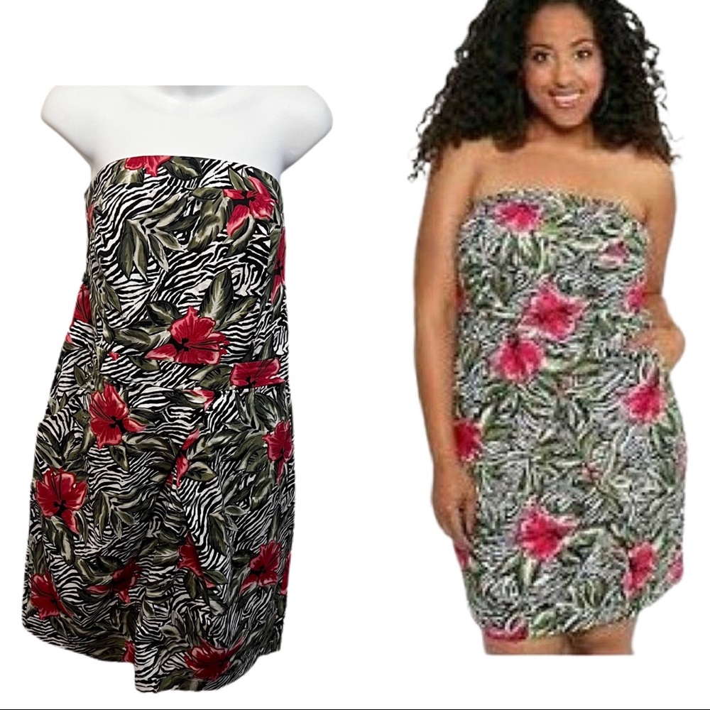 torrid Black Zebra Print Strapless Mini Dress with Pink Floral
